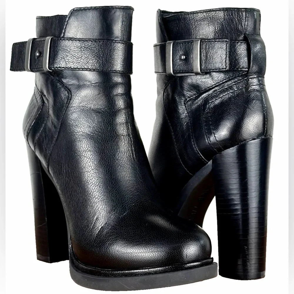 Nine West Sherbert Boots Women 5 Black Leather Moto Buckle Ankle Heeled Bootie